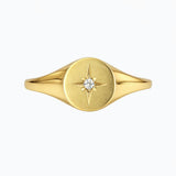 טבעת חותם זהב 14K עם כוכב מצפן זרקון מרכזי